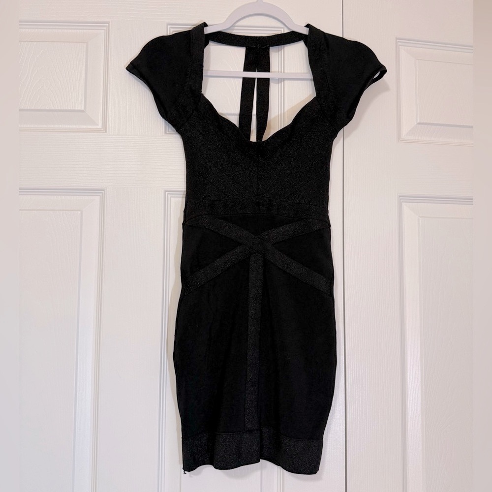 Bebe Glittery Black Bandage Bodycon Dress  XS